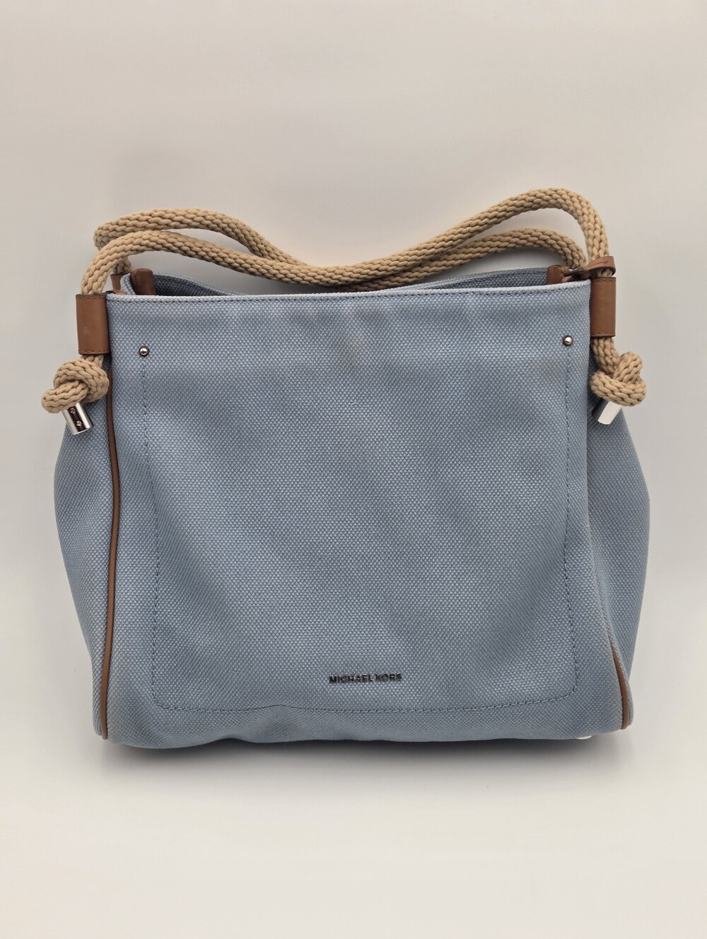 MICHAEL KORS ISLA Canvas Satchel Light Blue  Rope Double Handles With MK Charm